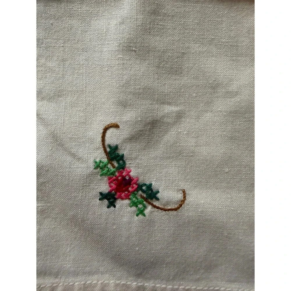 Vintage Off White Linen Napkin Set Floral Cross Stitch Embroidery Pink Rose 2